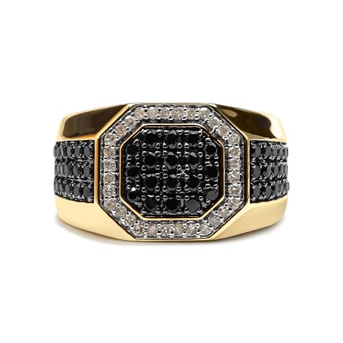 Men's 14K Yellow Gold Plated .925 Sterling Silver 1 1/4 Cttw White and Black Diamond Signet Style Band Ring (Black/I-J Color, I2-I3 Clarity) - Size 11