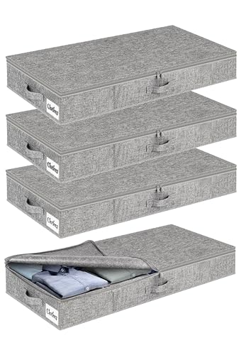 Lot de 4 Boîtes de Rangement Sous Lit avec Couvercle, Boite en Tissu Durable Sac de Rangement Pliable et Lavable, 3 Poignées Renforcées, Grande Capacité pour Vêtements Couvertures, 85x40x12cm, Gris