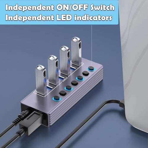 Image of Powered 7-Port USB 3.0 Hub, USB C to 7 Ports USB Data Hub Splitter with Individual LED On /Off Switche, 3.3FT Cable, 12V /3A Power Adapter, for Laptop MacBook Pro /Air PC (Aluminum Gary)