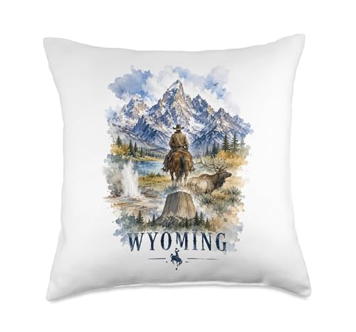Wyoming Watercolor Cowboy Wilderness Landscape Design Throw Pillow