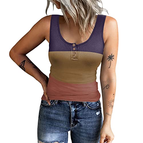 Hatoys Womens Tops Striped Ribbing Tank Top Scoop Neck Button Down Bust Sleeveless T Shirt Longline Pleated Tunic Tank Top