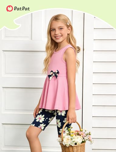 Image of PATPAT Girls Summer 2 Piece Outfits 4-12Y Butterfly Bow Sleeveless Tunic Tops and Floral Print Shorts Cute Clothes