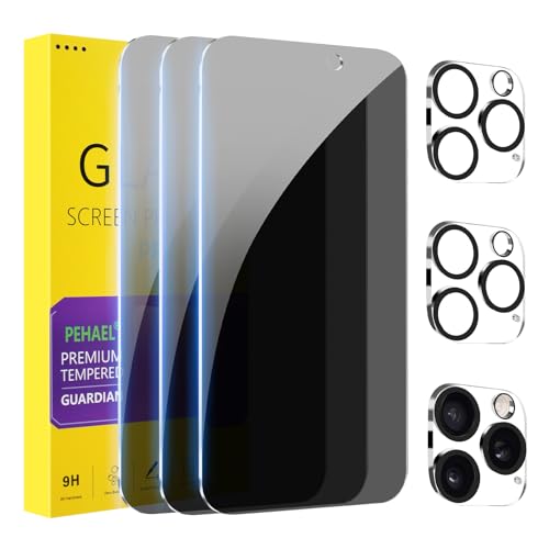 PEHAEL 3+3Pack for iPhone 16 Pro Privacy Screen Protector with Camera Lens Protector Full Coverage Anti-Spy Tempered Glass Film 9H Hardness Easy Installation Bubble Free [6.3 inch]