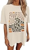 Oversized Tshirts for Women Wildflower Graphic Tees Hiking Crewneck Short Sleeve Clothes Casual Loose Hawaii Tops(XL,Beige-2)