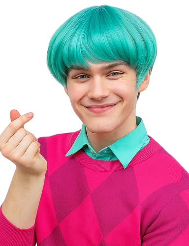 PUREHAIR Short Green Fluffy Cosplay Wig for Men with Full Bangs - Anime Cosplay Wigs for Mens Halloween Costume Party (Green)