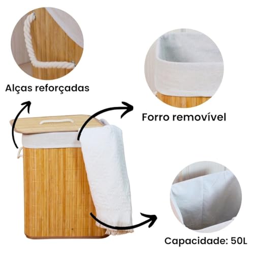 Cesto De Roupa Suja 60 Litros Bambu Com Alça Dobravel Retangular