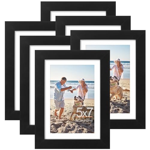 decorUhome 5x7 Picture Frame, Display Pictures 4x6 with Mat or 5x7 without Mat, Wall & Tabletop Display Photo Frame, Black, 6 Pack