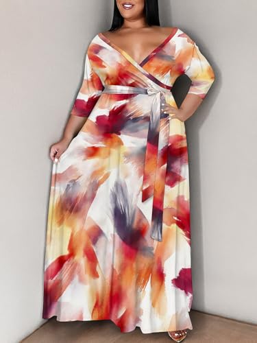 Image of SUZONANA Women's Plus Size Maxi Dresses Casual Loose Short Sleeve Long Maxi Dress with Belt Wedding
