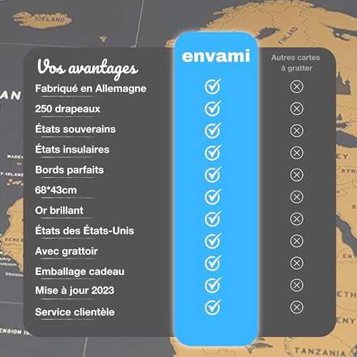 Scratch off map de voyage dorée de qualité supérieure 68x43cm