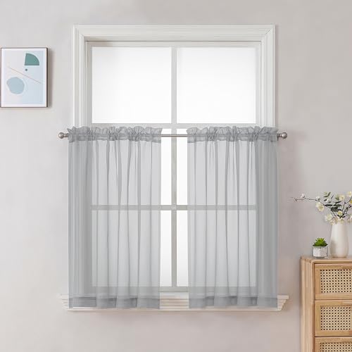 Image of Chyhomenyc Light Grey Sheer Curtains 30 inch Length 2 Panels, Light Filtering Voile Rod Pocket Short Window Curtians for Bathroom Living Room Farmhouse Small Windows, 42Wx30L inches