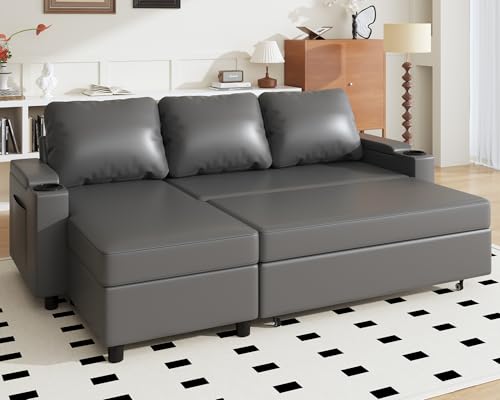 JUMMICO Schlafsofa mit Bettkasten L Form Sofa mit Schlaffunktion 3 Sitzer Couch klein Ecksofa Schlafcouch Ausziehbar Wohnlandschaft für Wohnung und Wohnzimmer Leder Schwarz