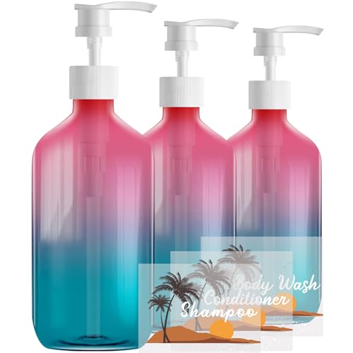 Image of 500ml Refillable Plastic Bottles with Pump Dispenser – 3 Pack Gradient Containers, BPA/Paraben-Free, Ideal for Travel Toiletries, Includes Labels