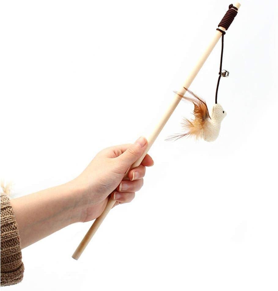 PETS EMPIRE Jute Fabric Mouse Design Cat Teaser Wooden Wand Elastic Ropes with Natural Bird Feather-1 Piece