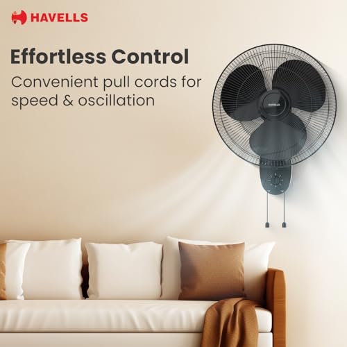Image of Havells Gatik Pro 400mm Wall Mount Fan|RPM: 1350|Double string for Speed & Oscillation control | Thermal Overloaded Protected Motor | 100% Copper Wire Winding Motor | 2 Year Warranty,230 Volts(Black)