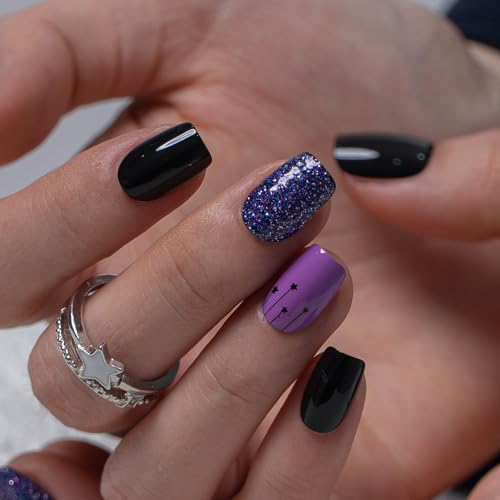 Image of CurvLife Soft Gel Squoval Press-On Nails Short, Reusable Fake Nails with Glue & Adhesive Tabs, 30PCS Salon-Quality Stick-On Nails for At-Home Manicure (Cosmic Dusk)
