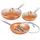 SHINEURI 6 Pieces Nonstick Copper Pan Set - 8 & 9.5 & 11 inch Frying Pan Set with Lid, Fry Pan Set with Induction Base & Stainless Steel Handle, Suitable for Cooking Saute Vegetables, Steaks