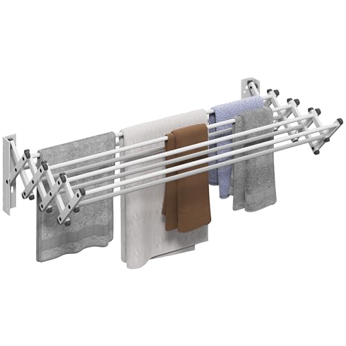HOMCOM Wäscheständer Wand Ausziehbar Wäschetrockner Wandmontage mit 8 Stangen aus Aluminium, Platzsparender Trockenständer für Drinnen und Draußen 86 x 61 x 22 cm, Silber