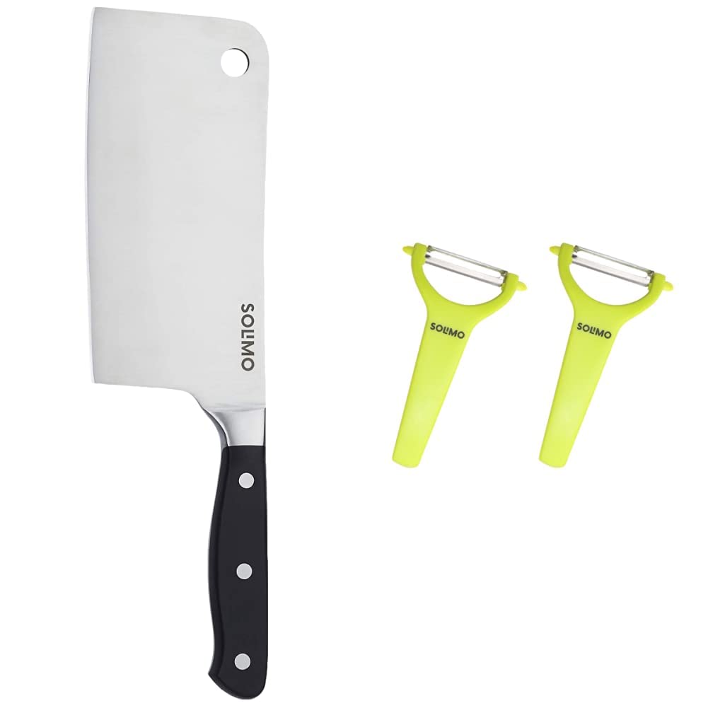 Amazon Brand - Solimo Premium High-Carbon Stainless Steel Meat Cleaver/Knife and Solimo Stainless Steel Kitchen Peeler, Set of 2