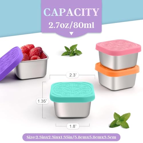 Image of Stainless Steel Snack Containers with Silicone Lids, Small Square Sauce Cups for Bento Lunch Box, Leakproof Condiment Container for Kids & Adults, Set of 2 (Multicolor)