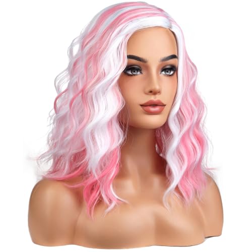 Image of BERON ERON White and Pink Wigs for Women Short Curly Wavy Hair Wig Girls Mixed Highlights Color Synthetic Costume Cosplay or Use Wig