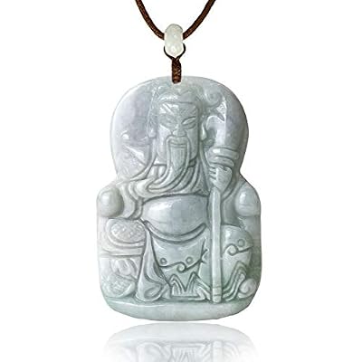 Dahlia Guan Gong Jade Necklace, Real Grade A Certified Burma Jadeite Chinese God of War and Wealth, Adjustable Lucky Red Silky Cord