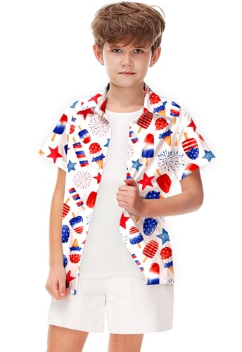 Image of Remimi Unisex Kids 4th of July Button Up Shirt Boys American Flag Print Hawaiian Beach Short Sleeve Tops 5-14 Years