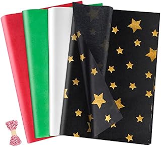 Sweelov Tissue Paper, 60 Sheets 50 x 35 cm, 4 Colours Tissue Paper Packaging Material with 30M Hemp Rope, Filling Material Gift Transparent Paper Colourful (Red White Green Black)