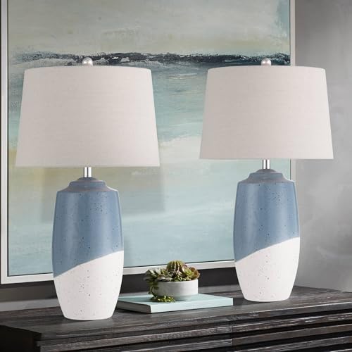 360 Lighting Aegean 28" Tall Coastal Modern Table Lamps Set of 2 Blue White Finish Ceramic Linen Beige Shade Living Room Bedroom Bedside Nightstand House Office Family Reading Kitchen Entryway