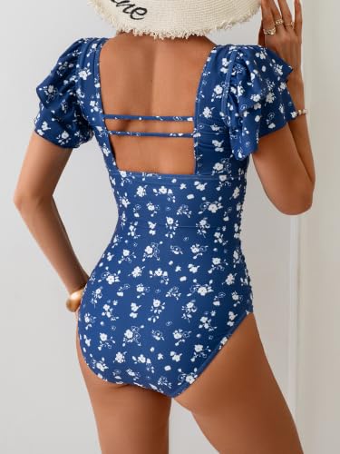 Image of Eomenie Women's Tummy Control One Piece Swimsuit Ruffle Square Neck Bathing Suit Ruched Cutout Back Slimming Swimwear