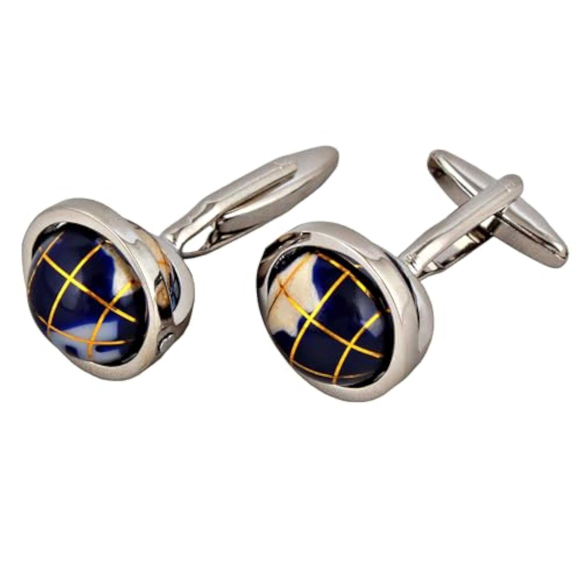 Men's Silver Plated Blue Globe Design Cufflinks