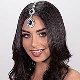 Jovono Boho Rhinestone Head Chain Bridal Wedding Headpiece Crystal Forehead Hair Chain Jewelry Accessories for Women and Girls (Blue+Silver)