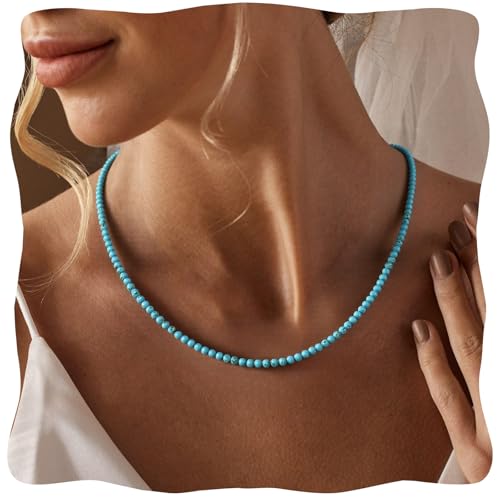 ZILENIU Turquoise Beaded Necklace Natural Gemstone 3mm Small Beaded Necklaces for Women Adjustable Western Choker Necklaces 16+2 (Turquoise)