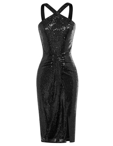 Belle Poque Women Black Glitter Dress Cocktail Midi Boycon Dress with Slit Plus Size XL