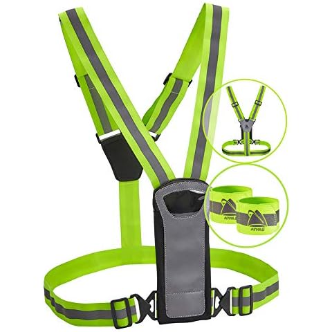 Athlé Reflective Vest and Bands with Phone and Storage Pouch, Adjustable Stretch Waist Belt - Neon Yellow Straps - High Visibility Safety Gear for Running, Jogging, Biking, and Hiking Cover
