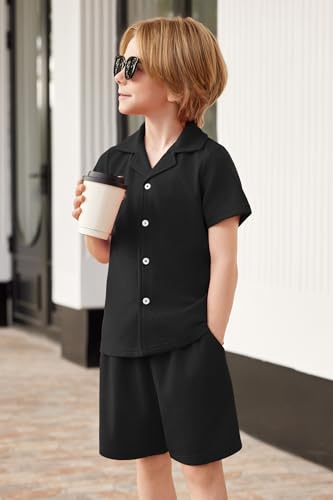 Image of Arshiner Toddler Boys 2 Piece Summer Outfits Waffle Knit Short Sleeve Button Down Shirt & Casual Shorts Sets Size 2-7