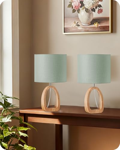 GOEBLESON Small Table Lamps Set of 2, Wood Desk Lamp with Ring-Shaped Base and Linen Lampshade, Bedside Lamp, E27 LED Bulb Included, for Living Room, Bedroom, Sage Green and Natural ZMJ07TLKP205