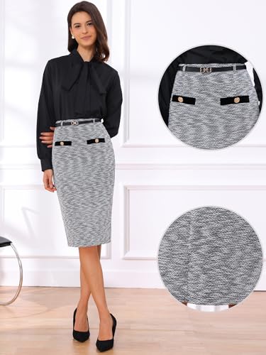 Allegra K Pencil Skirt for Women Midi Length High Waisted Tweed Skirt Button Decor Bodycon Office Work Skirts with Belt2