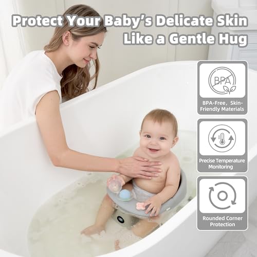 Baby Bath Seat for Babies 6 Months & up with Thermometer, Non-Slip Toddler Bath Seats for Sitting Up, Safe Infant & Newborn Bathtub Chair with 4 Suction Cups, Soft Cushion & Temperature Display, Gray - Thumbnail 3