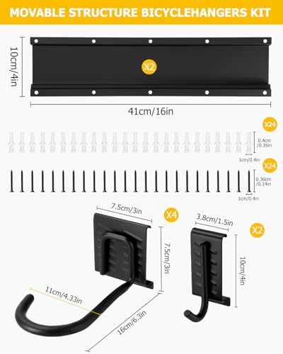 Fahrrad Wandhalterung für 4 Fahrräder + 2 Helme,Bike Storage Wandhalterung bis zu 300 Pfund, Robust Fahrradaufhängung Wand, Fahrradaufbewahrung mit Haken für Garage