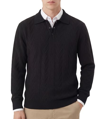 GLESTORE Polo Pullover Herren Poloshirt Langarm Strick Herrenpullover mit Kragen Polos Schwarz XL