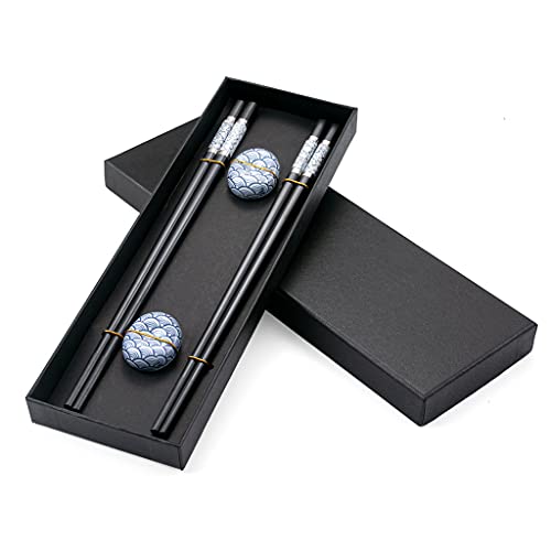 Palillos de fibra de vidrio japoneses negros y elegantes, 2 pares con 2 soportes para palillos, juego de palillos de sushi, palillos reutilizables en caja de regalo Cover