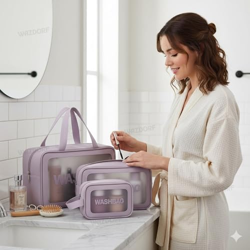 Image of Wazdorf Cosmetic Pouch Bag - Large Waterproof Wash Bag with Handle, Translucent Cosmetic Organizer for Makeup, Brushes & Accessories - Unisex Storage Pouch for Travel & Bathroom Use (Purple -3 Pcs)