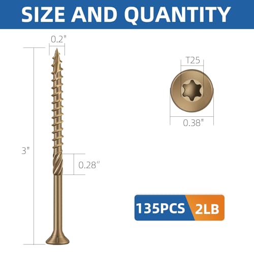 Image of #10 x 3 Heavy-Duty Deck Screws - Bronze Long Outdoor Wood Screws, Torx Drive with T25 Bit, Rust Resistant for Wood Decking and Fence (2lb,135Pcs)