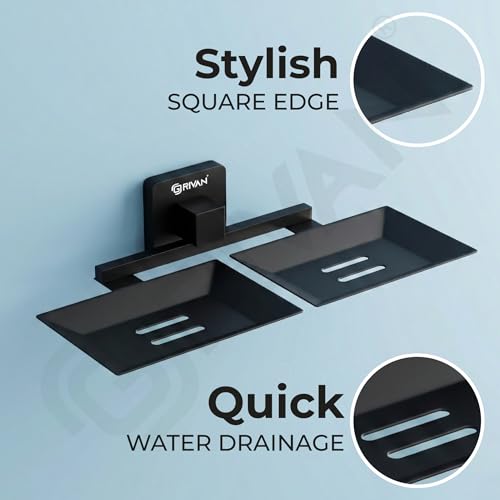 Image of GRIVAN Stainless Steel Double Soap Holder | Wall Mounted Square Soap Dish | Matte Black Finish | Rust-Free Bathroom Accessorries (Black, Pack of 1)