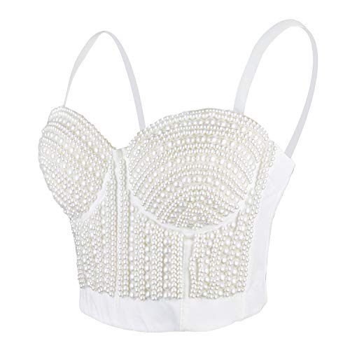 ELLACCI Woment's Pearls Beaded Bustier Crop Top Club Party Sexy Corset Top Bra White Medium