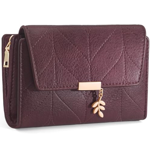 REETEE Cartera de Mujer Pequeña Monedero Mujer en Cuero PU Carteras con Bloqueo RFID, Gran Capacidad Billeteras para Mujeres con 17 Ranuras Tarjetas y Bolsillo con Cremallera para Monedas (Vino Rojo)