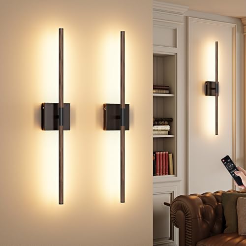 Image of Morauroral 24″ Walnut Black Battery Operated Wall Sconces, Dimmable Wall Sconces with Remote Control, Rechargeable Sconces Wall Lighting, LED Wireless Wall Lights for Bedroom, Living Room, Bathroom