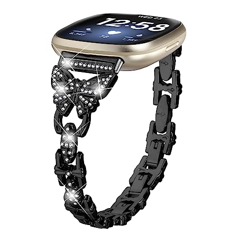 Gimuk Straps Compatible with Fitbit Versa 4/Sense 2 Strap for Women Metal Stainless Steel Wristband Adjustable Bling Diamond Replacement Strap Band Bracelet for Fitbit Versa 3/Sense (Black)
