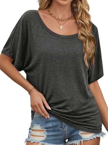 Image of Hilinker Womens Sexy Off The Shoulder Tops Short Batwing Sleeve T Shirt Oversized Casual Tee Charcoal Heather Large