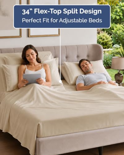 Image of Flex Top Split Head King 6 Piece Sheet Set - Breathable & Cooling - Cream | Ultra Soft Hotel Luxury Bedding Set w / 8-16 Inch Deep Pockets, 1 Flat & 1 Split-Head Fitted Sheet & 4 Pillowcases, Fade Free
